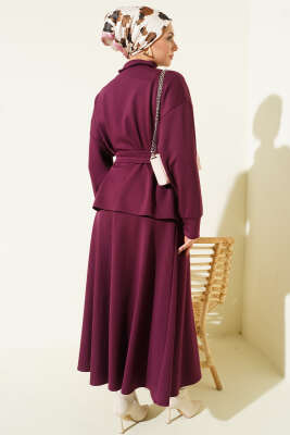 Bel Pensli Kuşaklı Loyşa Etekli İkili Takım Bordo - İkili Takım