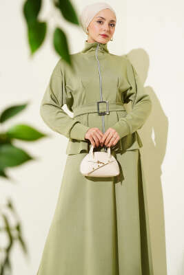 Bel Pensli Kuşaklı Loyşa Etekli İkili Takım Çağla Yeşili - İkili Takım