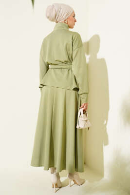 Bel Pensli Kuşaklı Loyşa Etekli İkili Takım Çağla Yeşili - İkili Takım