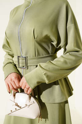 Bel Pensli Kuşaklı Loyşa Etekli İkili Takım Çağla Yeşili - İkili Takım