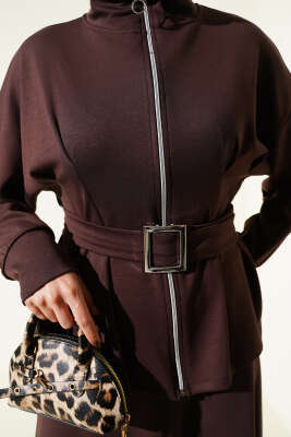 Bel Pensli Kuşaklı Loyşa Etekli İkili Takım Kahve - İkili Takım