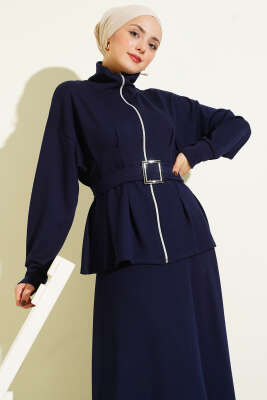 Bel Pensli Kuşaklı Loyşa Etekli İkili Takım Lacivert - İkili Takım