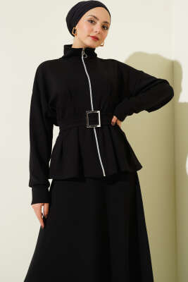 Bel Pensli Kuşaklı Loyşa Etekli İkili Takım Siyah - İkili Takım