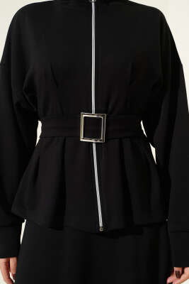 Bel Pensli Kuşaklı Loyşa Etekli İkili Takım Siyah - İkili Takım