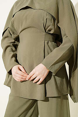 Bel Pensli Kuşaklı Omuz Pelerinli Takım Çağla Yeşili - İkili Takım