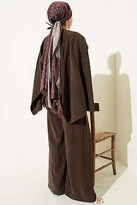 Bel Pensli Kuşaklı Omuz Pelerinli Takım Kahve - İkili Takım