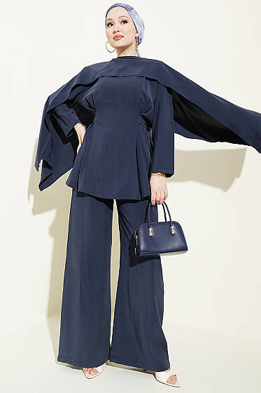 Bel Pensli Kuşaklı Omuz Pelerinli Takım Lacivert - İkili Takım