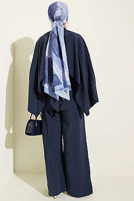 Bel Pensli Kuşaklı Omuz Pelerinli Takım Lacivert - İkili Takım