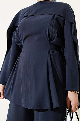 Bel Pensli Kuşaklı Omuz Pelerinli Takım Lacivert - İkili Takım