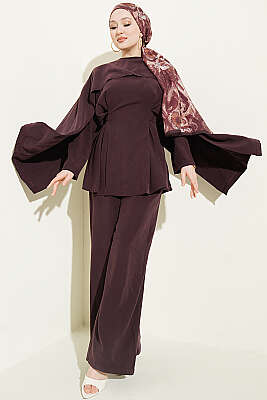 Bel Pensli Kuşaklı Omuz Pelerinli Takım Mürdüm - TABA