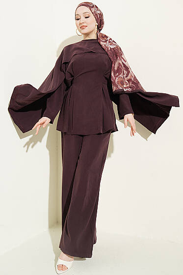 Bel Pensli Kuşaklı Omuz Pelerinli Takım Mürdüm - İkili Takım