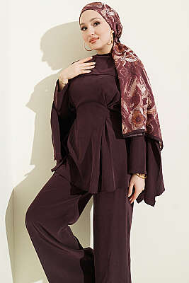 Bel Pensli Kuşaklı Omuz Pelerinli Takım Mürdüm - İkili Takım