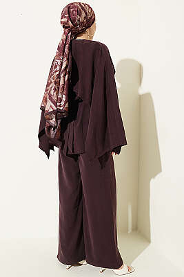 Bel Pensli Kuşaklı Omuz Pelerinli Takım Mürdüm - İkili Takım