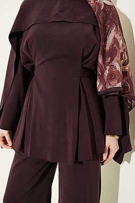 Bel Pensli Kuşaklı Omuz Pelerinli Takım Mürdüm - İkili Takım