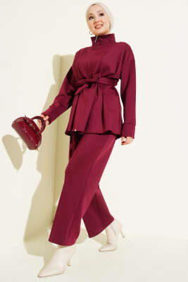Bel Pensli Kuşaklı Scuba İkili Takım Bordo - TABLO FASHİON