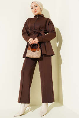 Bel Pensli Kuşaklı Scuba İkili Takım Kahve - TABLO FASHİON