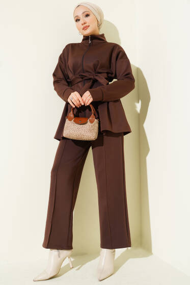 Bel Pensli Kuşaklı Scuba İkili Takım Kahve - İkili Takım