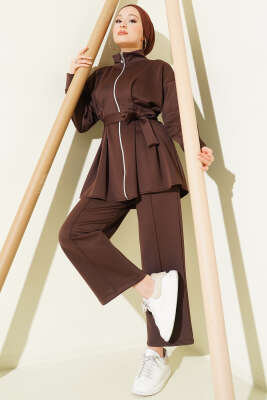 Bel Pensli Kuşaklı Scuba İkili Takım Kahve 