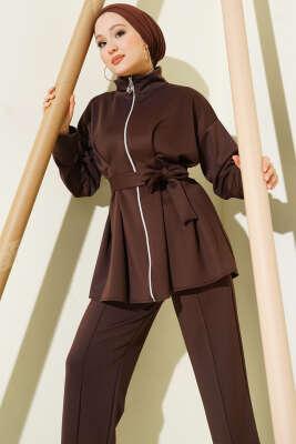 Bel Pensli Kuşaklı Scuba İkili Takım Kahve - İkili Takım