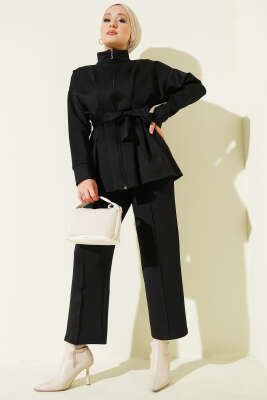 Bel Pensli Kuşaklı Scuba İkili Takım Siyah - TABLO FASHİON