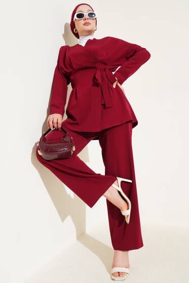 Bel Pensli Yandan Bağlamalı İkili Takım Bordo - İkili Takım