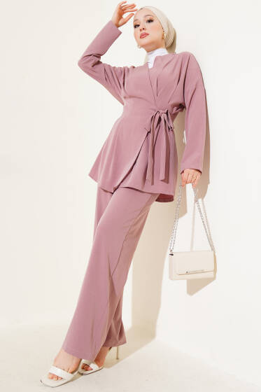 Bel Pensli Yandan Bağlamalı İkili Takım Gül Kurusu - İkili Takım