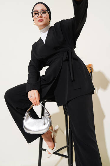 Bel Pensli Yandan Bağlamalı İkili Takım Siyah - İkili Takım