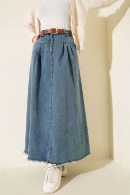 Bel Pile Detaylı Kemerli Kot Etek Mavi - ALİ AKKAYA