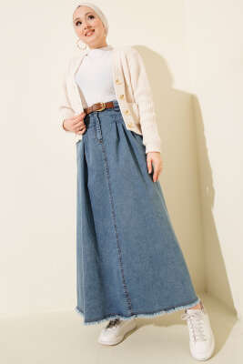 Bel Pile Detaylı Kemerli Kot Etek Mavi - Etek