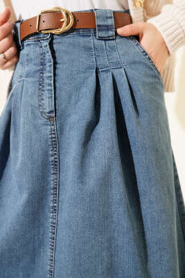 Bel Pile Detaylı Kemerli Kot Etek Mavi - Etek