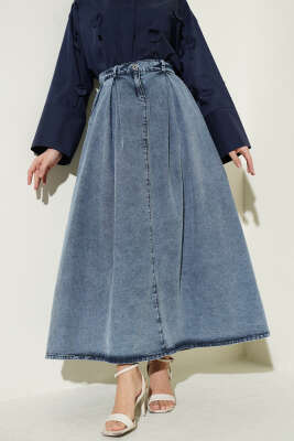 Bel Pileli Cepli Kot Etek Açık Mavi - MUSTİ