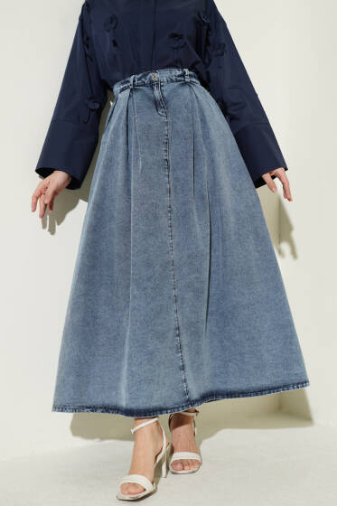 Bel Pileli Cepli Kot Etek Açık Mavi - Etek