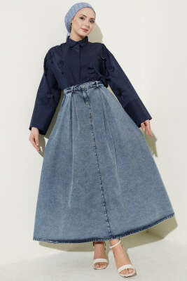 Bel Pileli Cepli Kot Etek Açık Mavi - Etek