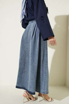 Bel Pileli Cepli Kot Etek Açık Mavi - Etek