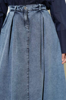 Bel Pileli Cepli Kot Etek Açık Mavi - Etek