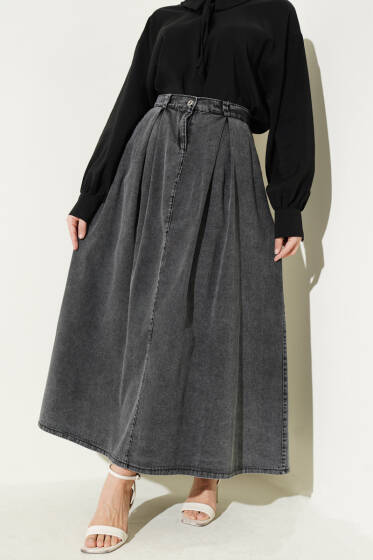 Bel Pileli Cepli Kot Etek Füme - Etek