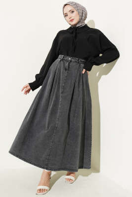 Bel Pileli Cepli Kot Etek Füme - Etek