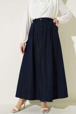 Bel Pileli Cepli Kot Etek Lacivert - MUSTİ