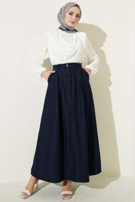 Bel Pileli Cepli Kot Etek Lacivert - Etek