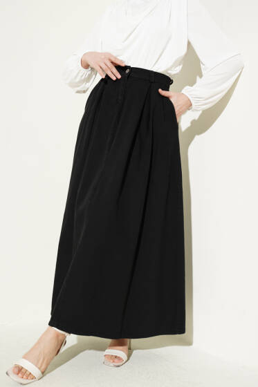 Bel Pileli Cepli Kot Etek Siyah - Etek