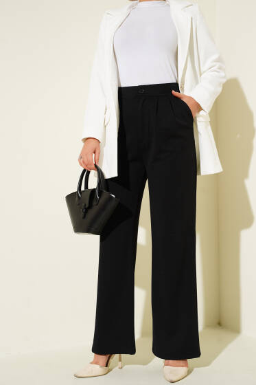 Bel Pileli Cepli Pantolon Siyah - Pantolon
