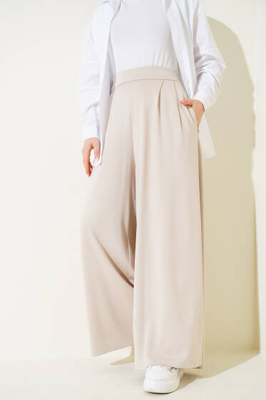 Bel Pileli Geniş Paçalı Salaş Pantolon Bej - Pantolon