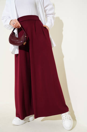 Bel Pileli Geniş Paçalı Salaş Pantolon Bordo - Pantolon