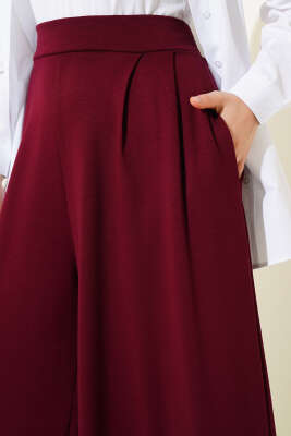 Bel Pileli Geniş Paçalı Salaş Pantolon Bordo - Pantolon