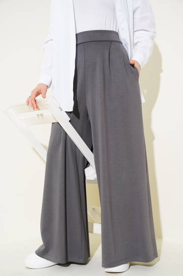 Bel Pileli Geniş Paçalı Salaş Pantolon Füme - Pantolon