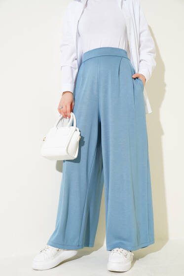 Bel Pileli Geniş Paçalı Salaş Pantolon İndigo - Pantolon