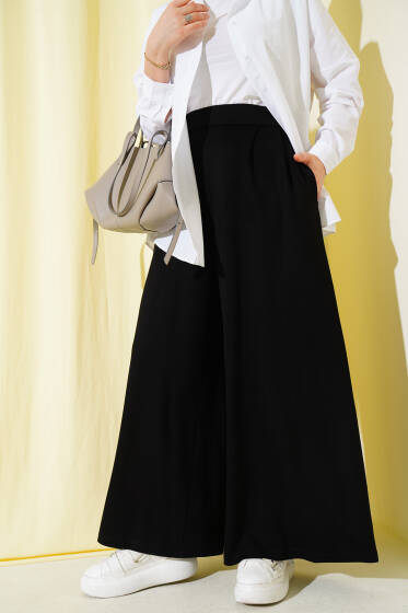 Bel Pileli Geniş Paçalı Salaş Pantolon Siyah - Pantolon