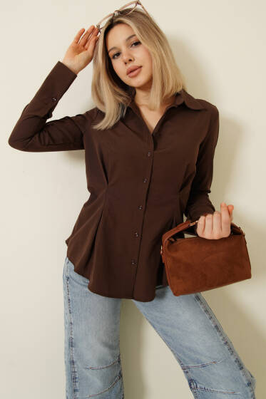 Bel Pileli Kısa Gömlek Kahve - Kadın Giyim Modelleri