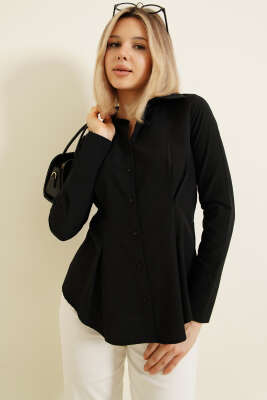 Bel Pileli Kısa Gömlek Siyah 