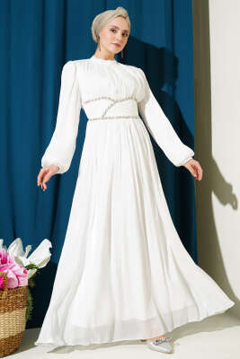 Bel Şerit Taşlı Büzgülü Abiye Elbise Beyaz - BERAT TEKSTİL